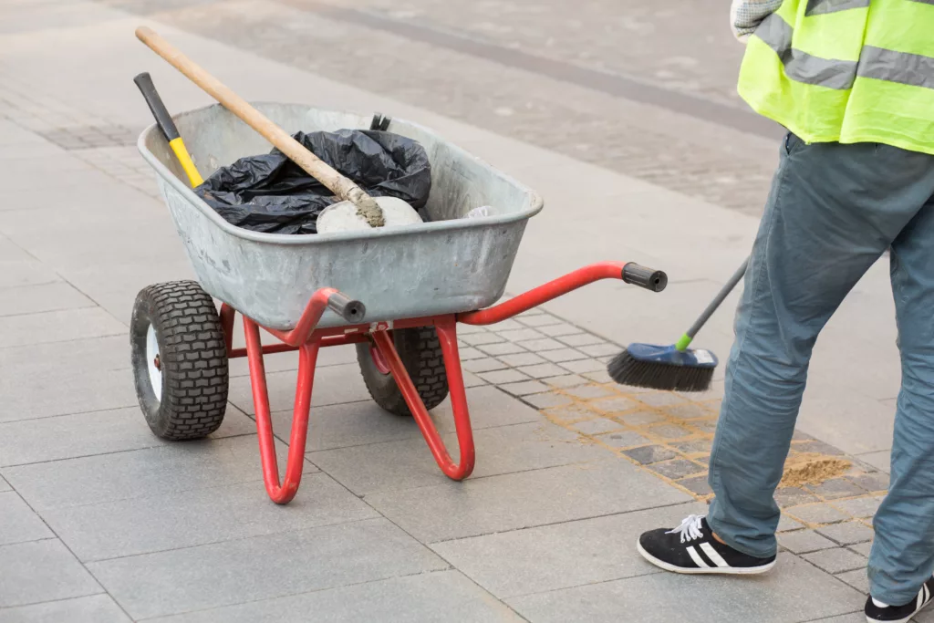 High Cleaning Service LLC offers services of Residential Cleaning, House Cleaning, Deep Cleaning, Move Out - In, Airbnb Cleaning, Construction Cleaning, Window Cleaning, Carpet Cleaning, Office Cleaning, Commercial Cleaning, Pressure Washing, Year-Round Emergency Service in Flower Mound, TX, Double Oak, TX, Bartonville, TX, Trophy Club, TX, Southlake, TX, Copper Canyon, TX, Grapevine, TX, Highland Village, TX, Coppell, TX, Lewisville, TX, Roanoke, TX, Hickory Creek, TX, Lake Dallas, TX, Argyle, TX, Lantana, TX, Prosper, TX, Colleyville, TX, Keller, TX, Westlake, TX, Euless, TX, Bedford, TX, North Richland Hills, TX - Residential CleaningRoad cleaning. The man is sweeping the sidewalk. City worker. Brick Road Cleaning by Pro